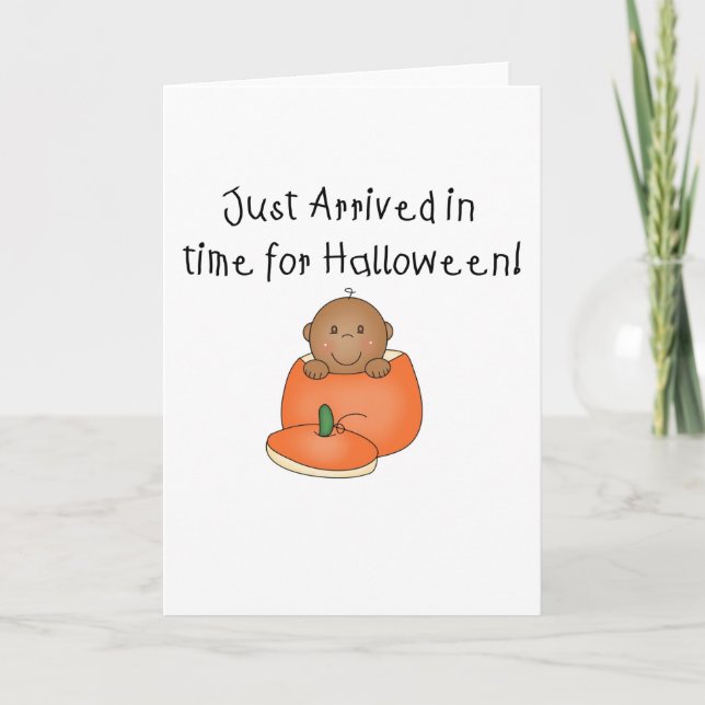 Tarjeta Llega Halloween, bebé afroamericano (Anverso)