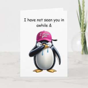 Tarjeta Llorando con pingüino te echo de menos el gorro ro