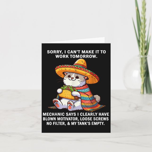 Tarjeta Lo siento no puedo ir a trabajar mañana el mecánic (Anverso)