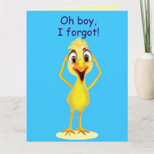 Tarjeta Lo siento, pequeño pollo, cumpleaños atrasado azul
