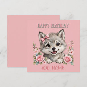 Tarjeta Loba hembra: animalito con lazo y flores pastel