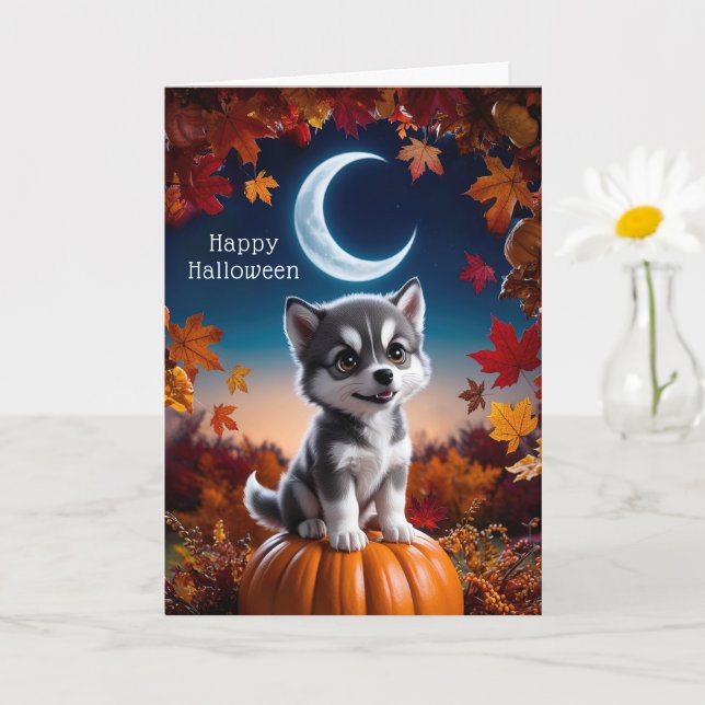 Tarjeta Lobo Adorable con arte de Halloween en la luna cre (Planta pequeña)
