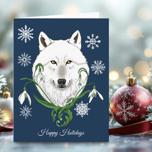 Tarjeta Lobo Ártico Blanco Místico Invierno Snowdrop Azul