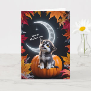 Tarjeta Lobo Blanco Adorable con Luna Creciente Noche Otoñ