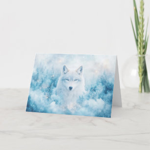 Tarjeta Lobo Blanco Cósmico en Paisaje Invernal