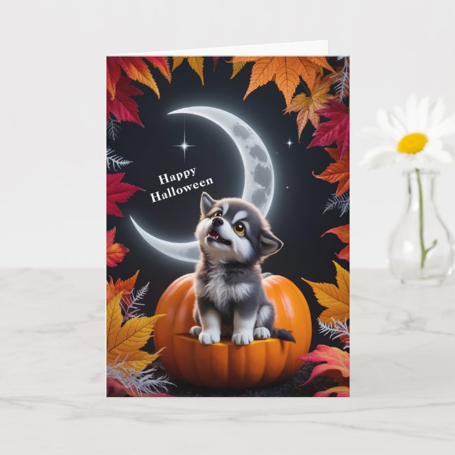 Tarjeta Lobo Blanco Lindo con Luna Creciente Noche Otoño (Planta pequeña)