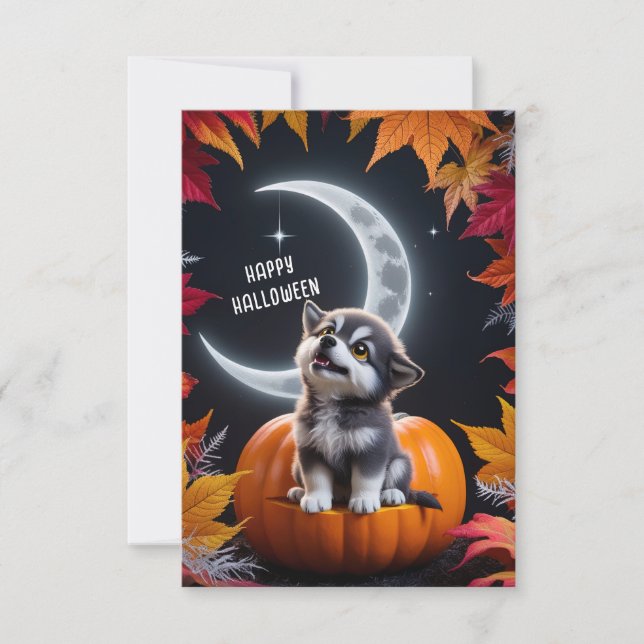 Tarjeta Lobo Bonito con Luna Creciente Noche Otoño (Anverso)