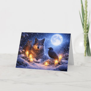 Tarjeta Lobo Búho Cuervo Solsticio de Invierno Yule con Lu
