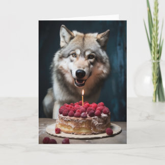 Tarjeta Lobo con un pastel de cumpleaños