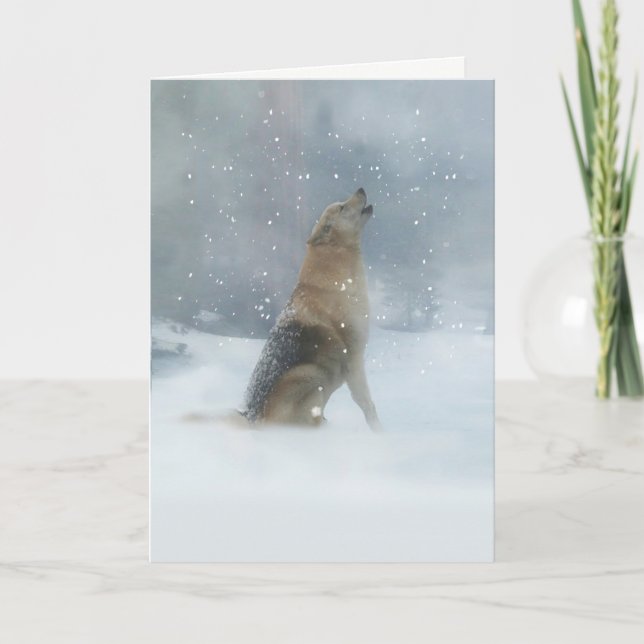 Tarjeta Lobo de vacaciones de navidades en la nieve (Anverso)