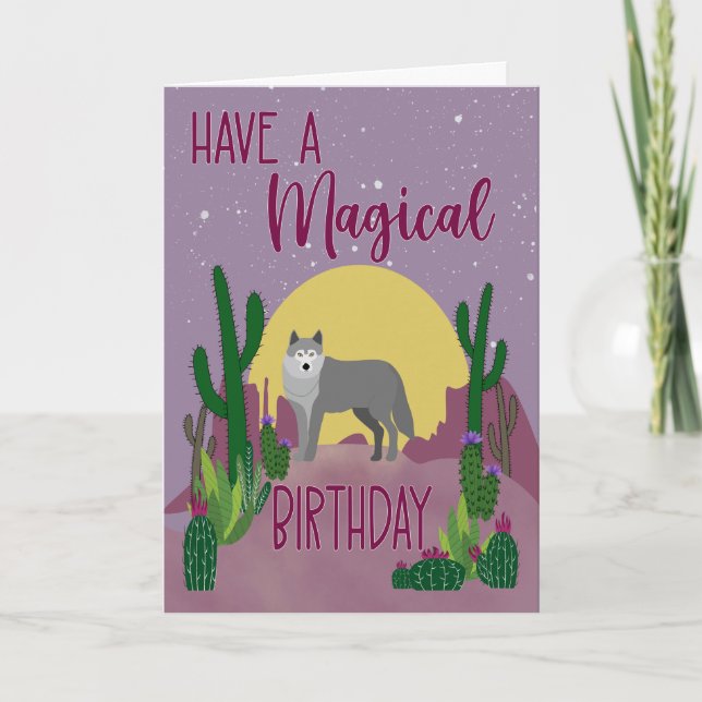Tarjeta Lobo Mágico de Cumpleaños Cactus (Anverso)