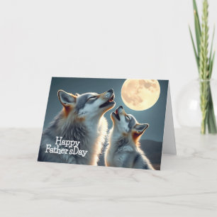 Tarjeta Lobo padre y cachorro aullando a la luna llena