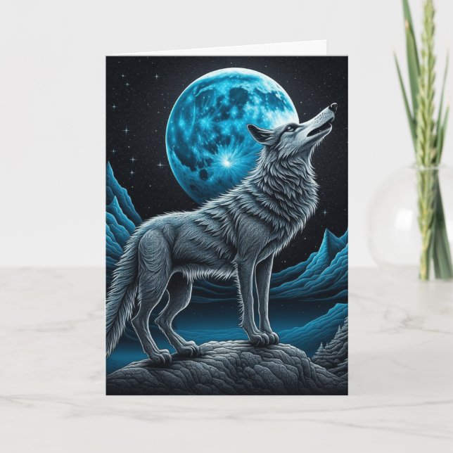 Tarjeta Lobo parado frente al blanco de la luna llena (Anverso)