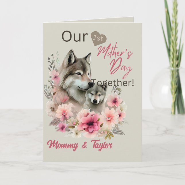 Tarjeta Lobo y cachorro de acuarela Primer día de la madre (Anverso)