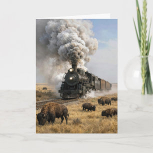 Tarjeta Locomotora de vapor de cumpleaños con búfalos past