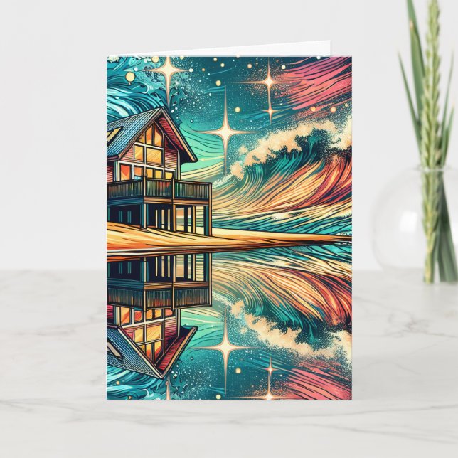 Tarjeta Log Cabin on the Beach Ai Art Thinking of You (Anverso)