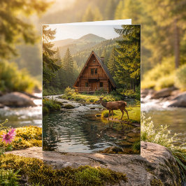 Tarjeta Log Cabin, Stream and Deer, Happy Birthday