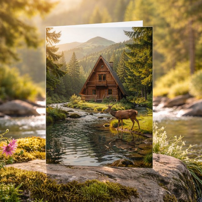 Tarjeta Log Cabin, Stream and Deer, Happy Birthday (Subido por el creador)