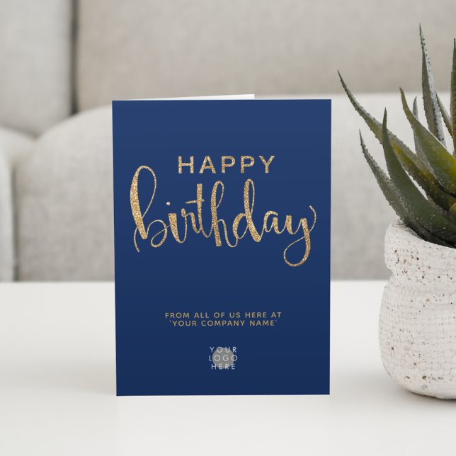 Tarjeta Logo Elegante Faux Gold Navy Blue Happy Birday (Subido por el creador)