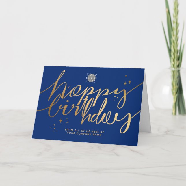 Tarjeta Logo Faux Gold Hand Script Navy cumpleaños azul (Anverso)
