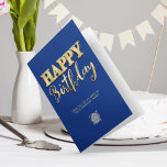 Tarjeta Logo Gold Lettering Business Birthday Navy Blue<br><div class="desc">Moderna y elegante 3d de estilo vertical y manuscrito simple original tarjeta de felicitación de cumpleaños feliz de negocios con letras falsas de color dorado en un fondo azul marino. Tenga en cuenta que el oro de este diseño es una impresión de color amarillo plano y no es un Relieve...</div>