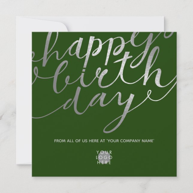 Tarjeta Logo Script Silver Lettering Forest Green Birday (Anverso)