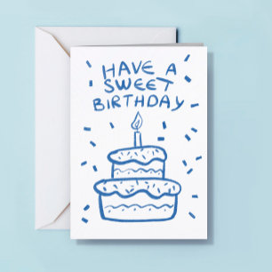 Tarjeta Logo Torta Dibujada a Mano Simple Cumpleaños Azul