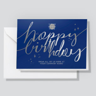 Tarjeta Logotipo Faux Mano de Escritura Plateada Azul Mari