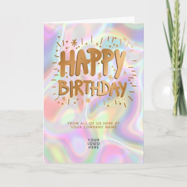 Tarjeta Logotipo Holographic Faux Gold Happy Birday (Anverso)