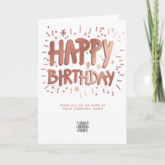 Tarjeta Logotipo personalizado Rosa Faux Gold Happy Birday (Anverso)