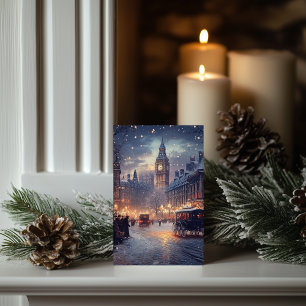 Tarjeta Londres antiguo en Navidad con calles nevadas Clás