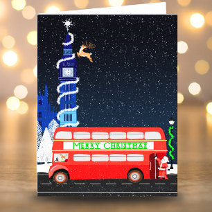 Tarjeta Londres Big Ben Autobús de dos pisos Feliz Navidad