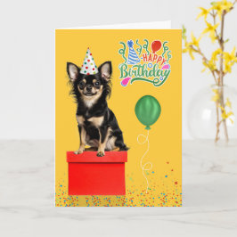 Tarjeta Long Hair Chihuahua Dog Party Hat Yellow Birthday