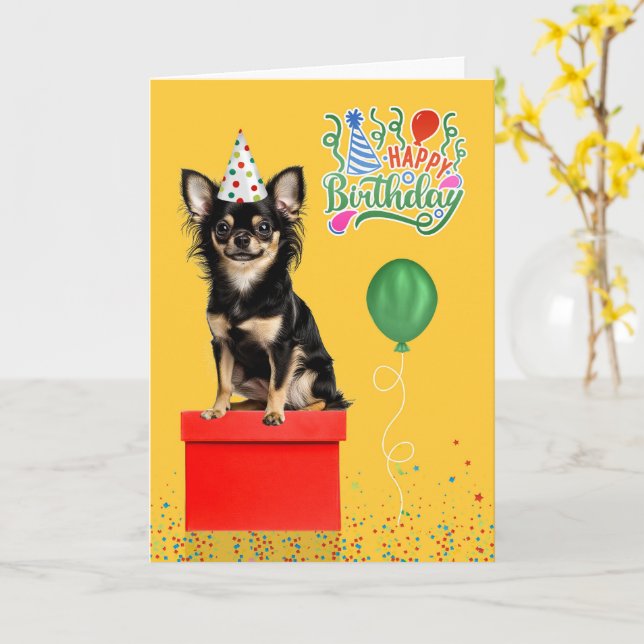 Tarjeta Long Hair Chihuahua Dog Party Hat Yellow Birthday (flor amarilla)