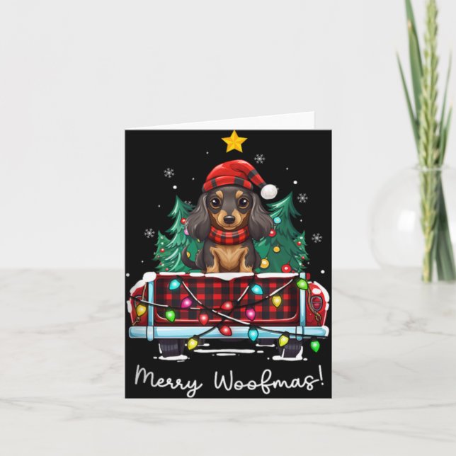 Tarjeta Long Haired Dachshund Christmas Dog Truck Plaid Fu (Anverso)