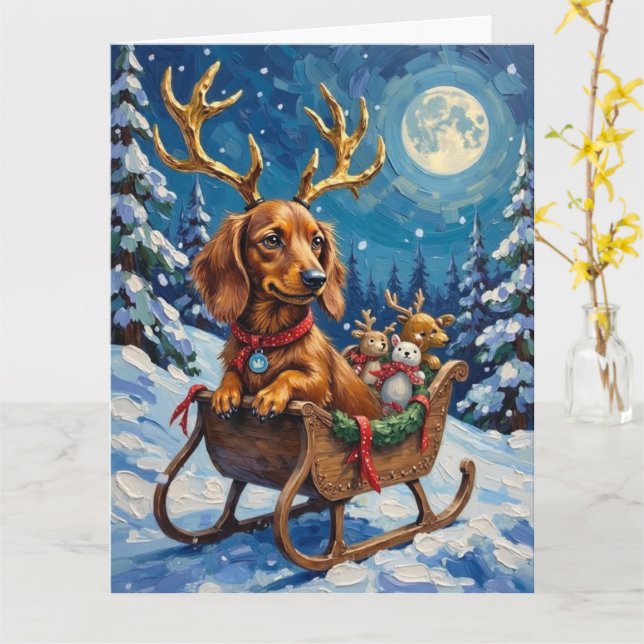 Tarjeta Long-Haired Dachshund Reindeer Sleigh (flor amarilla)
