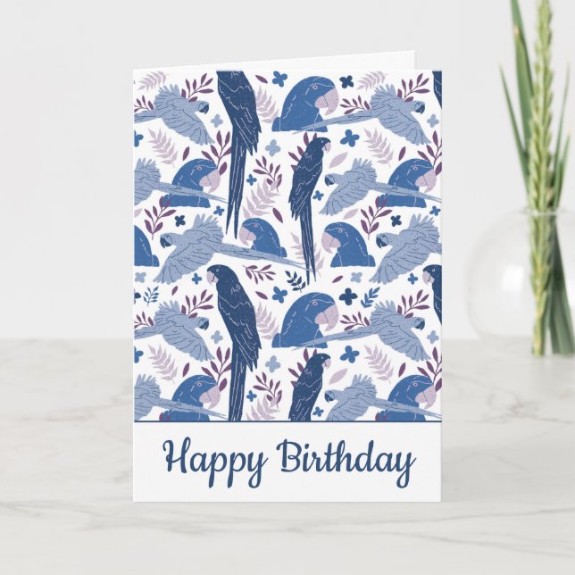 Tarjeta Loro Ara Azul Patrón Tropical de Hojas Cumpleaños  (Anverso)