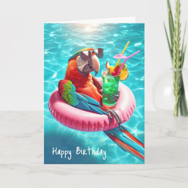 Tarjeta Loro de cumpleaños con bebida (Anverso)