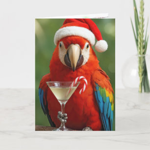 Tarjeta Loro de Navidad sosteniendo un cóctel