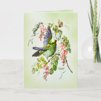 Tarjeta Loro Verde y Flor de Acacia Rosa Vintage