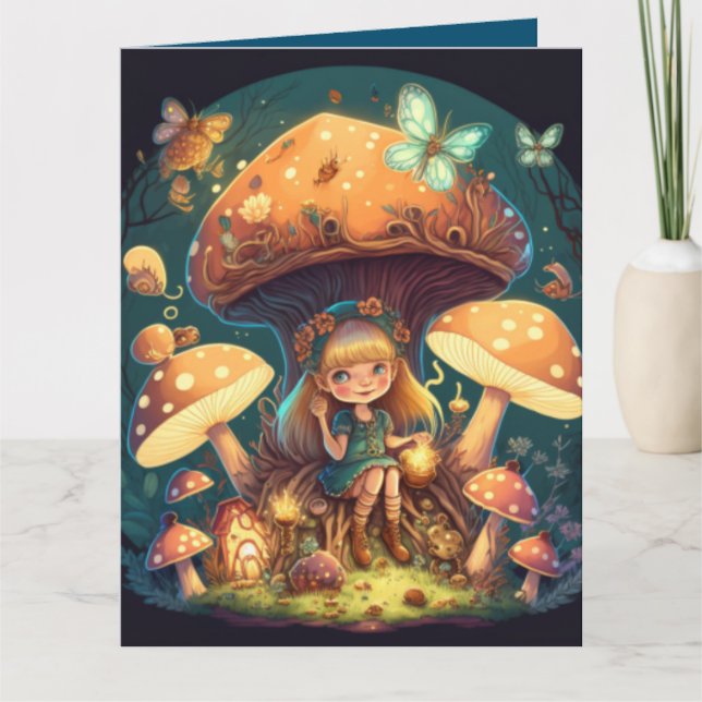 Tarjeta Los adorables elfos juegan bajo hongos (Anverso)