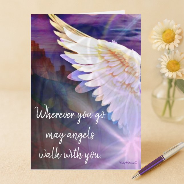 Tarjeta Los Ángeles Caminan Contigo Guardian Angel Purple  (Watercolor style illustration card of angel's wing purple hues with message ‘"Angels walk with you")