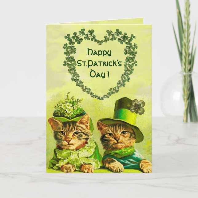 TARJETA LOS GATOS DEL DÍA DE SAN PATRICK CON CORAZÓN (Anverso)