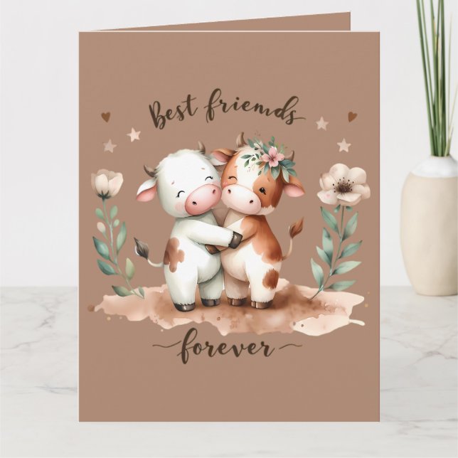 Tarjeta Los mejores amigos de Cute Cow abrazan el arte flo (Anverso)