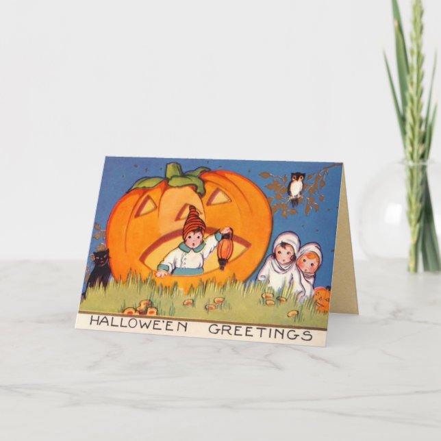 Tarjeta Los niños Halloween, calabaza grande, vieja moda, (Anverso)