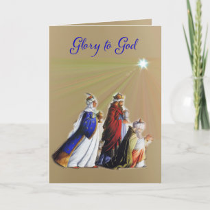Tarjeta Los Tres Magos llevando regalos Gloria a Dios