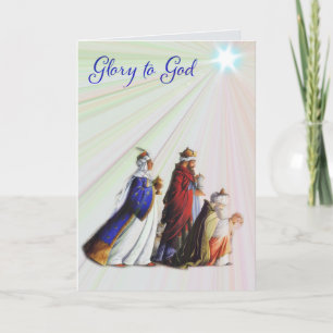 Tarjeta Los Tres Magos llevando regalos Gloria a Dios