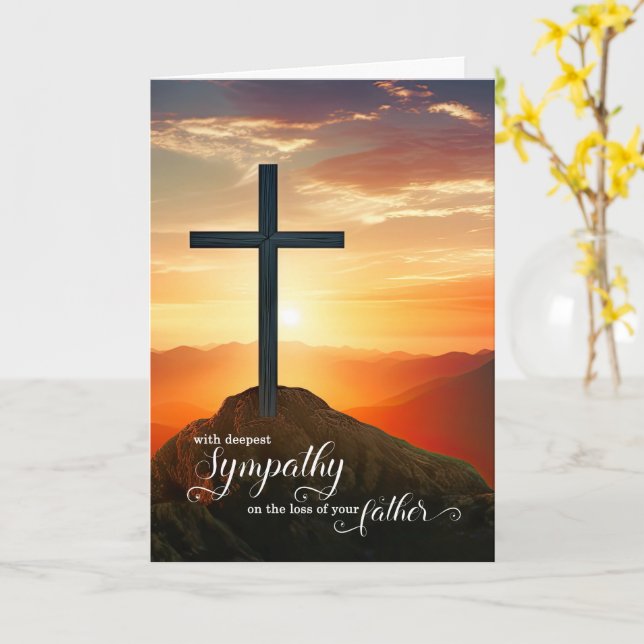 Tarjeta Loss of a Father Sympathy Sunset Cross Mountains (flor amarilla)