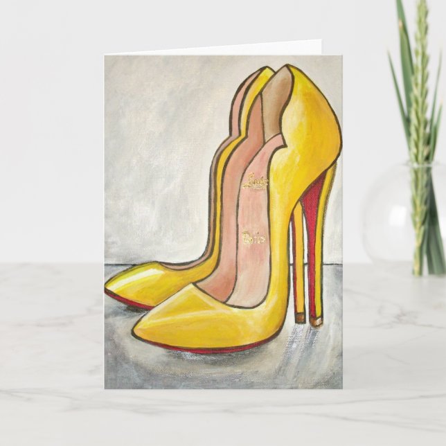 Tarjeta Louboutin amarillo rojo abajo talones altos (Anverso)