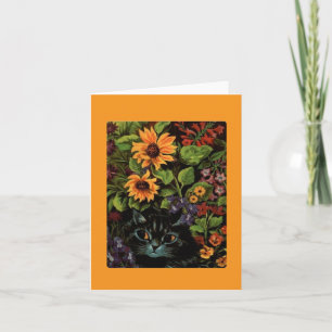 Tarjeta Louis Wain, gato negro en las flores, arte